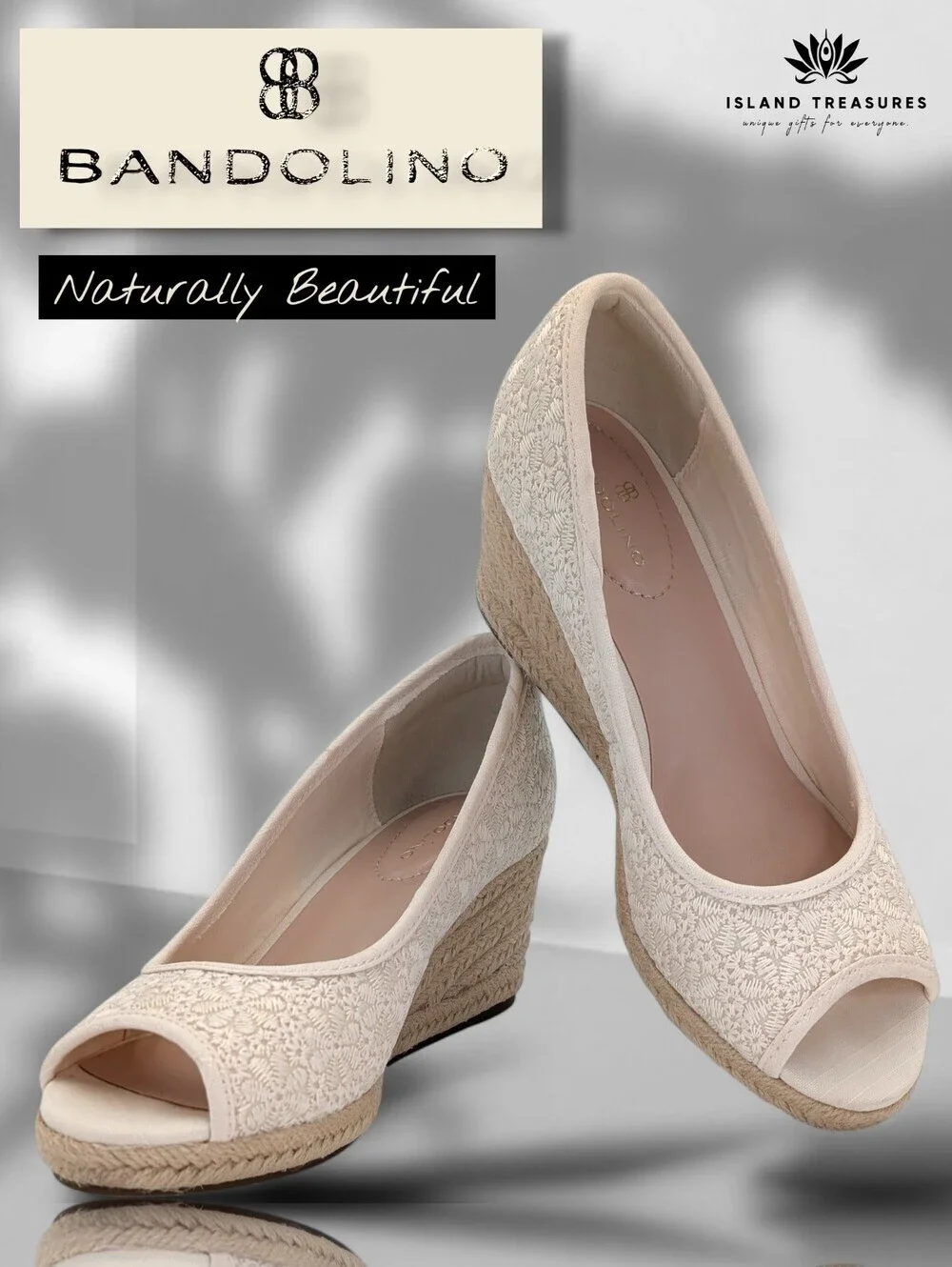 Bandolino Nuri Sz 6.5M Natural Linen Floral Espadrille Jute-Wrapped Wedge Sandal
